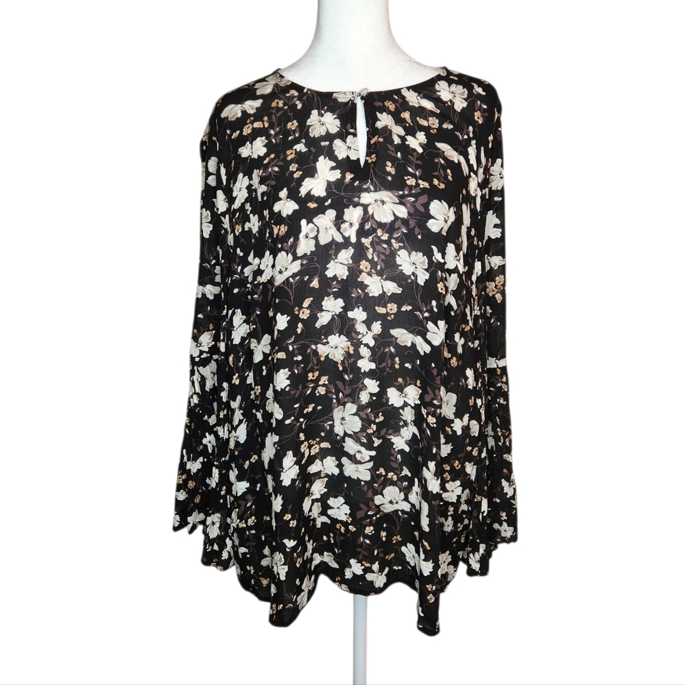 NEW J Jill Black Floral Bell Sleeve Top Size Large